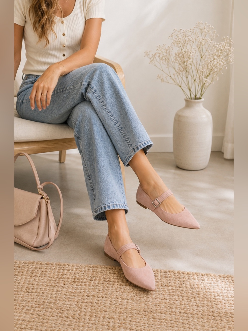 Steve Madden Ebonie Mary Jane Flats Blush Pink Suede Leather Pointed Toe 7.5
